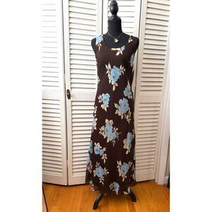 Vintage 90s Brown and Blue Floral Sleeveless Maxi Dress Size 14